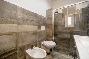 Shower, hair dryer, bidet, towels