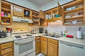 Microwave, dishwasher, toaster, cookware/dishes/utensils