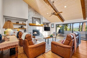 Smart TV, fireplace, books