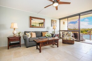TV, stereo - Beachfront Condo w/Partial A/C, Lanai, Ocean Views, Free WiFi, Shared W/D, & BBQ (Koloa)