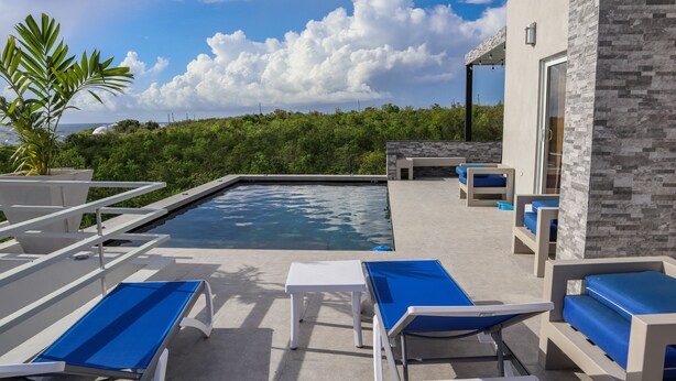 A rooftop pool area with lounge chairs and a view of the surrounding greenery. - This brand new Villa, modern amenities,  Pool deck and ocean views (Ceder Village)