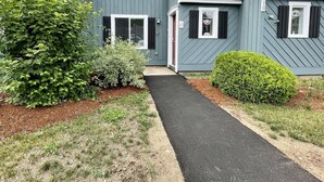 A row of blue buildings with black shutters, a clear pathway, and green shrubs.