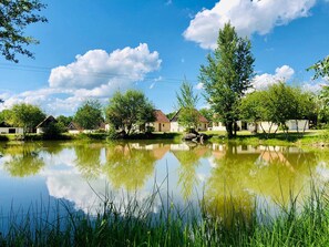 Escape to a serene lakeside retreat surrounded by calm waters and lush trees.