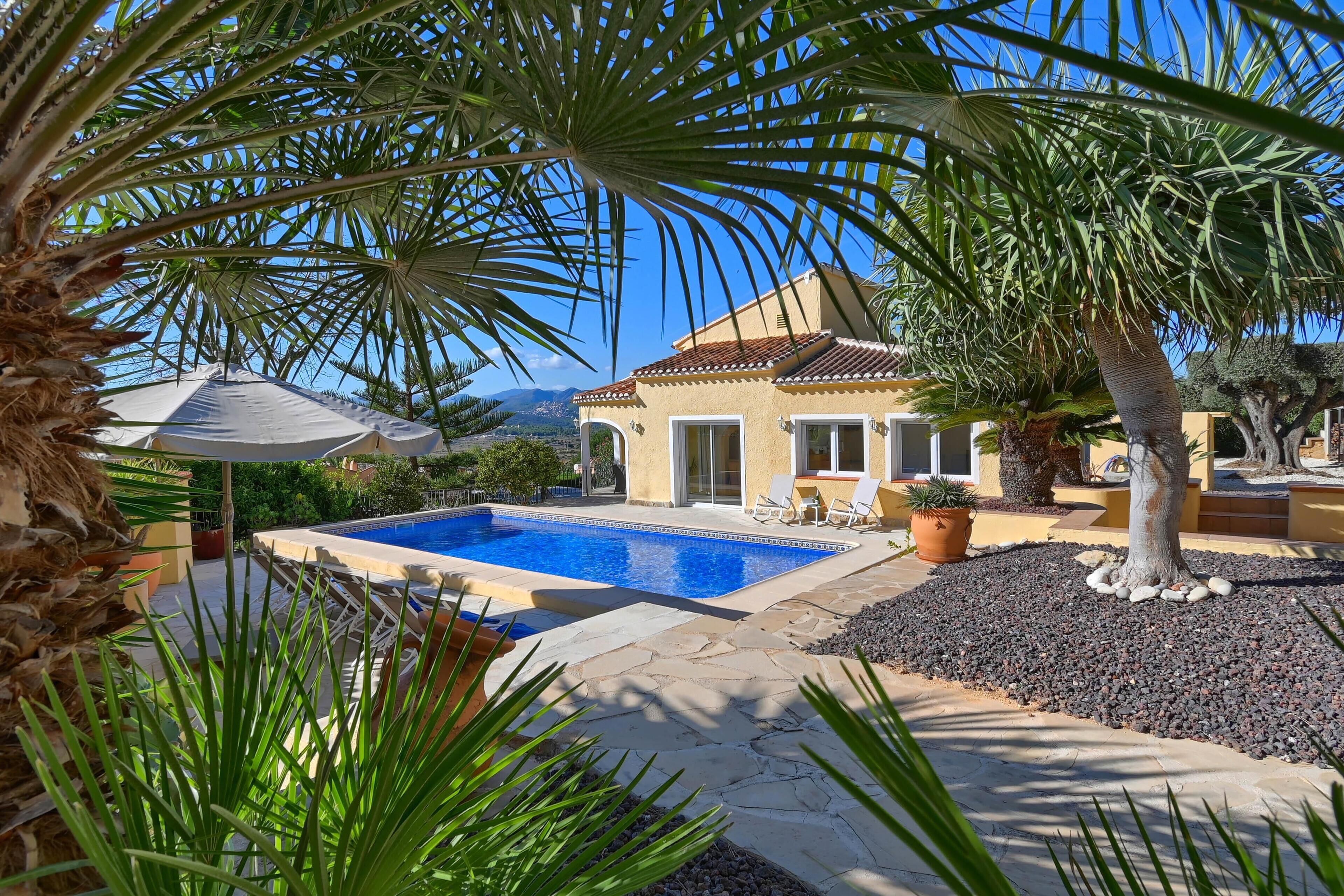 A pool area with a clear blue pool, surrounded by palm trees and a building with a tiled roof.