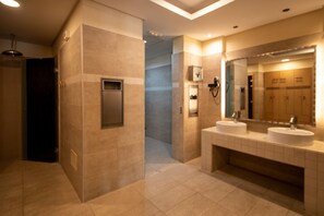 Bathtub, hair dryer, bidet