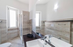 Shower, hair dryer, towels