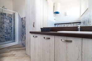 Shower, hair dryer, towels