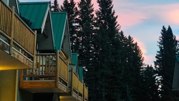 A multi-story building with a green roof, wooden balconies, and a stone foundation.