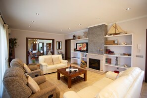 Télévision, cheminée, chaîne hi-fi