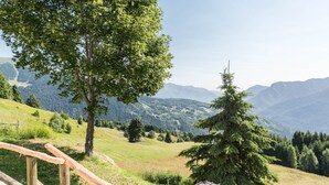A wooden deck with a metal roof, surrounded by lush greenery and mountains in the background. - Apartment "Baita Località Cap" with Garden & Mountain View (Roncone)