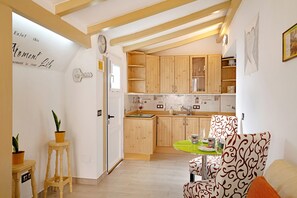 Una cocina compacta con armarios de madera, un comedor con sillas estampadas y un taburete pequeño con una planta.