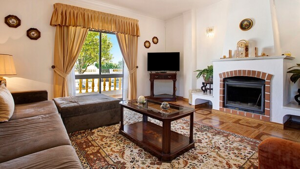 A living room with a sofa, a coffee table, a fireplace, a TV, and a patterned rug.