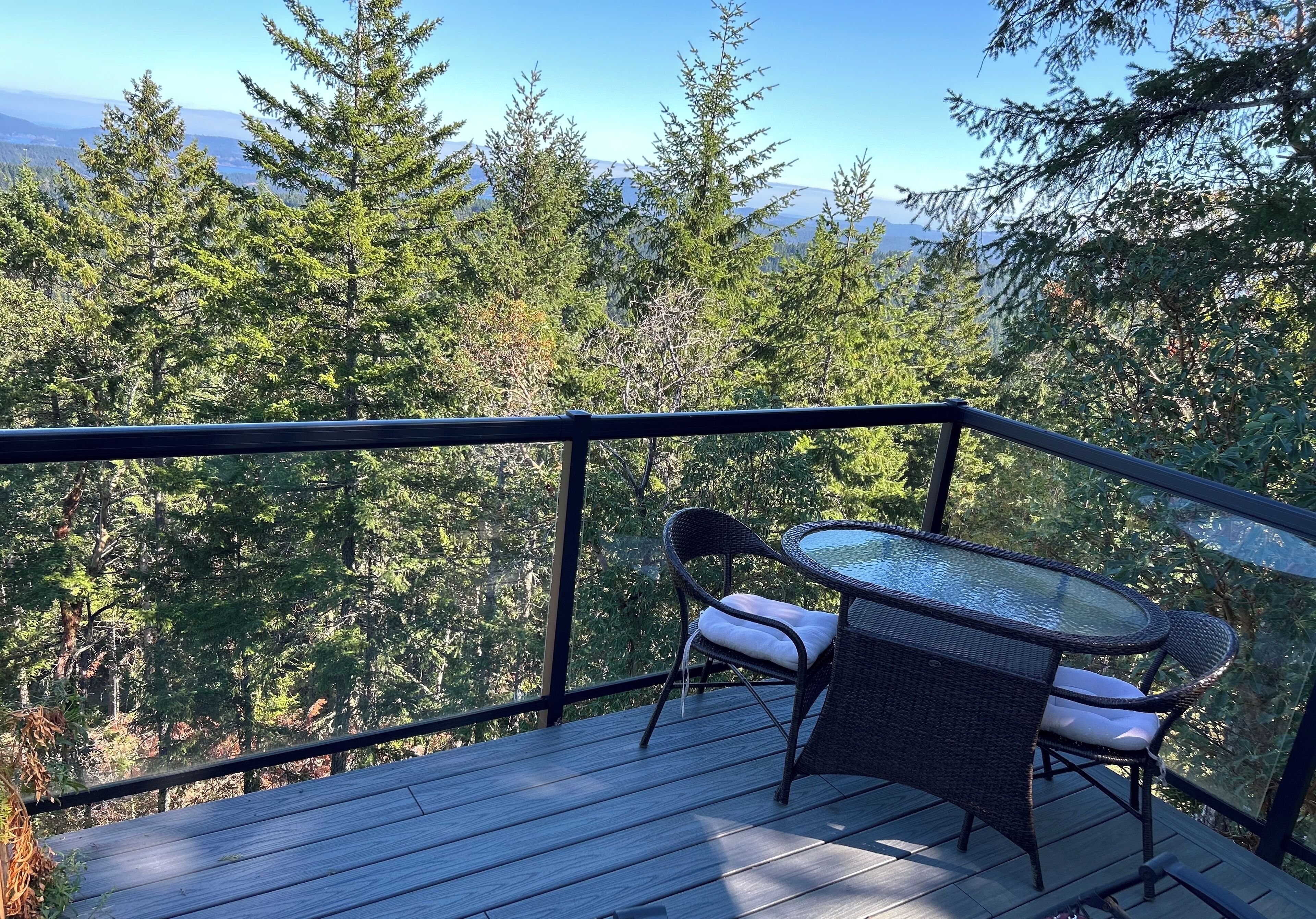 Eine Terrasse mit Tisch aus Glas und Korbstühlen, mit Blick auf bewaldetes Gelände und Berge in der Ferne.