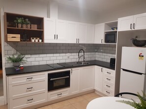 Fridge, microwave, oven, electric kettle