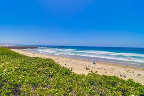 A beach with a pier extending into the ocean, sandy beach, and green vegetation. - New Photos! Direct beach access+pool+parking (San Diego)