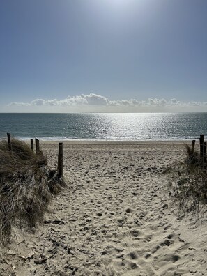 On the beach, sun-loungers