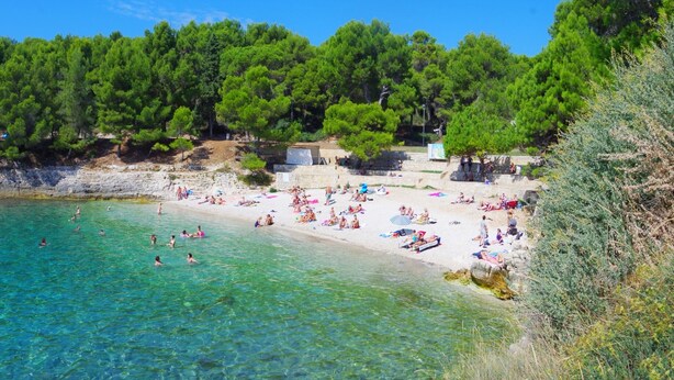 A beach with clear turquoise water, people sunbathing and swimming, and a backdrop of dense green trees. - Holiday apartment Lungomare, only 300m from the beach (Pula)