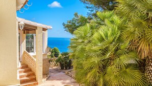 Una propiedad costera con una escalera de piedra que lleva a una puerta, vista al mar y una palmera en primer plano.