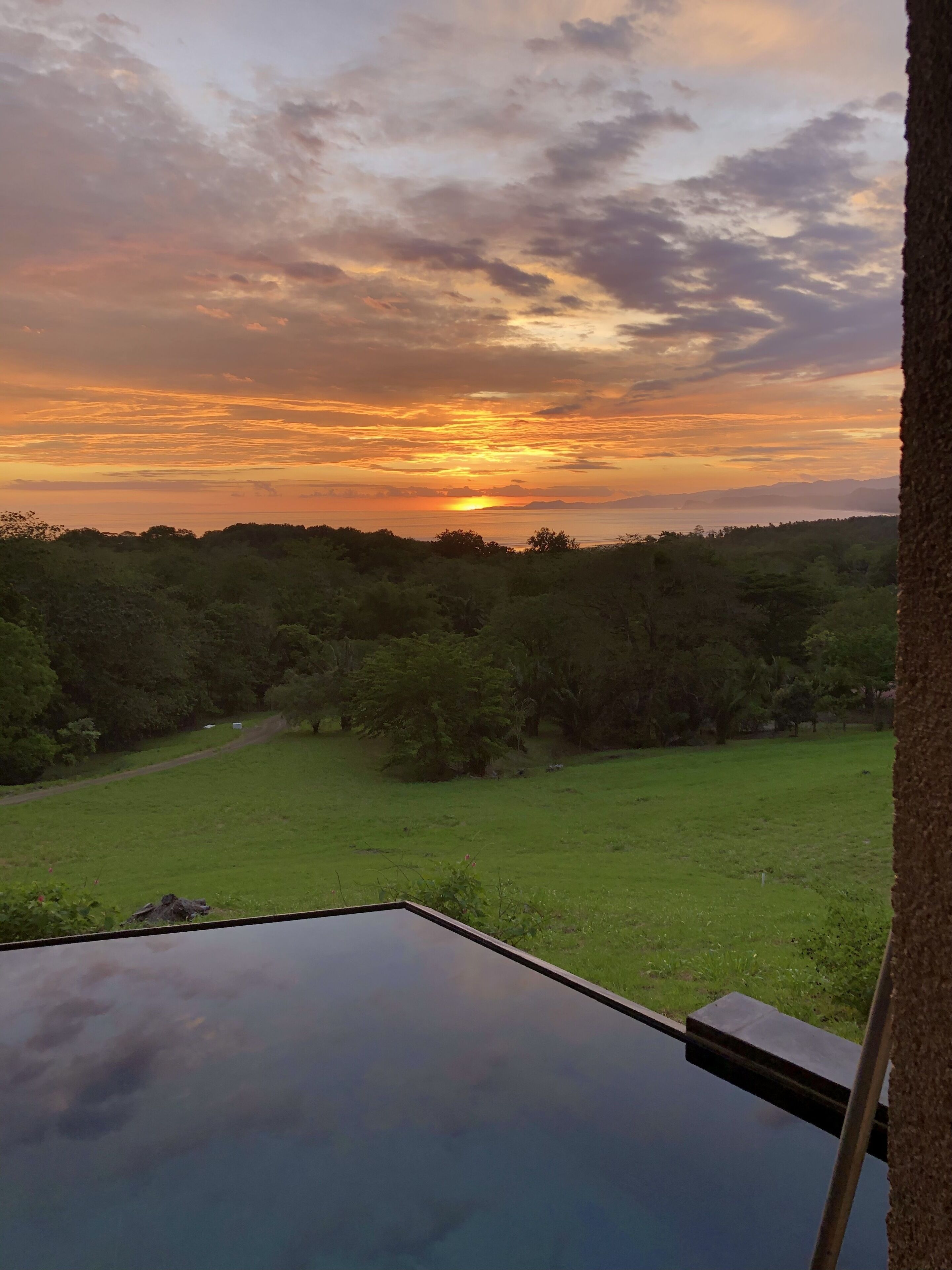 A sunset view from a balcony with a glass floor, overlooking a grassy area and trees.
