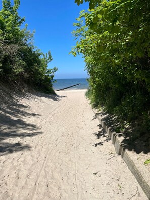Beach nearby, sun loungers