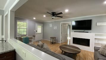 Smart TV, fireplace, books