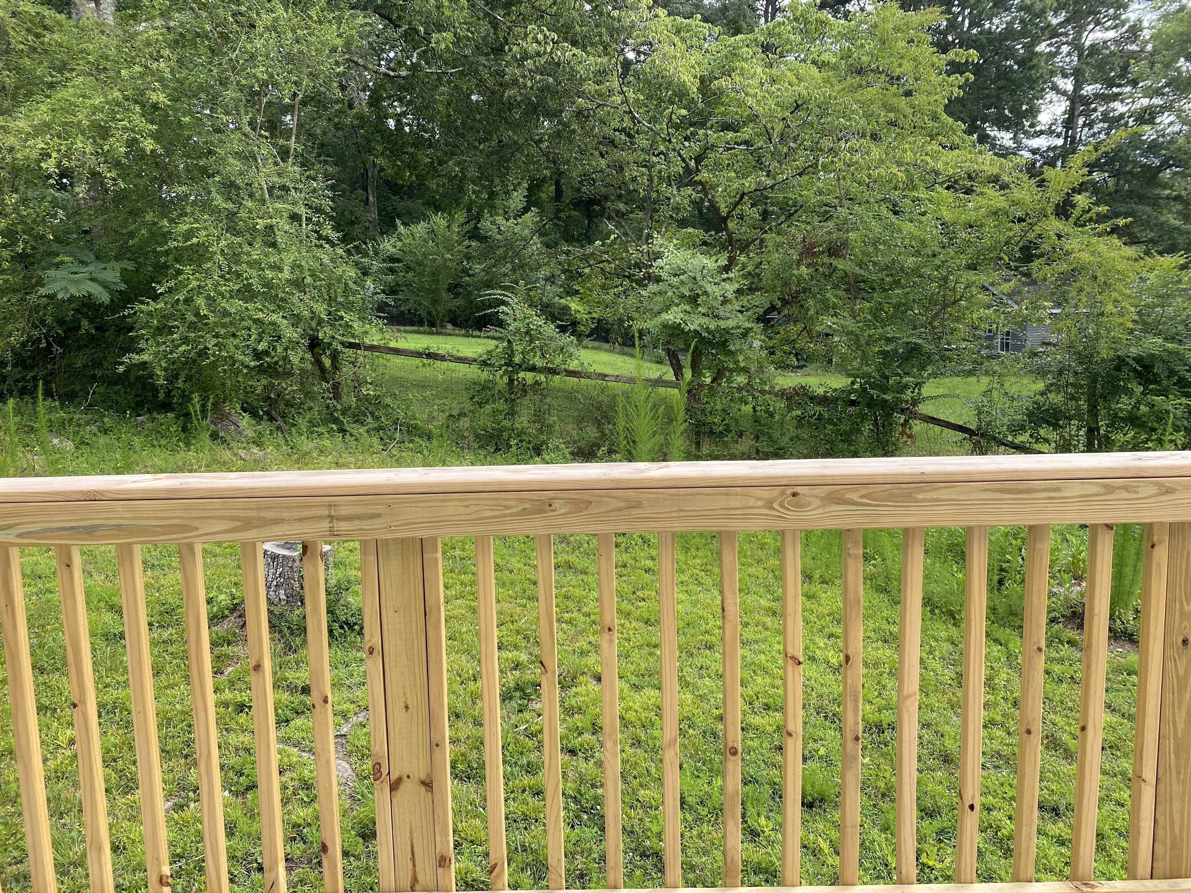 A wooden deck with a view of a lush green landscape and trees in the background.