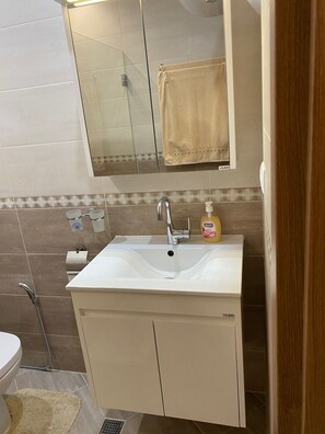 Regadera, secadora de cabello, toallas, papel de baño 