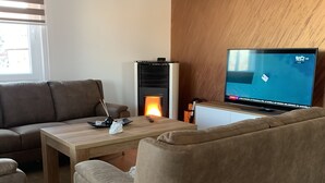 Ein modernes Wohnzimmer mit Kamin, Fernseher und einer Couch.