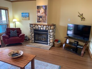 Smart TV, fireplace, DVD player, books