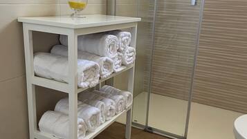 Shower, bidet, towels, soap