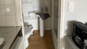 Un baño estrecho con inodoro, lavabo y espejo.