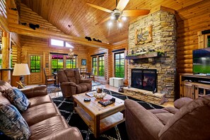 Smart TV, fireplace, video games, DVD player