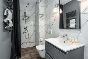 Shower, hair dryer, towels, shampoo