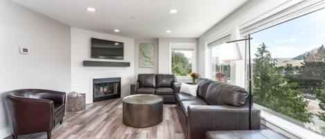 Télévision à écran plat, cheminée