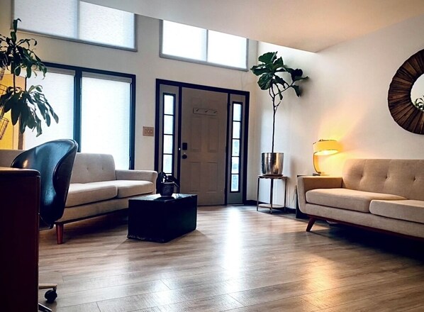 TV connectée, cheminée, livres, écrans d'ordinateur