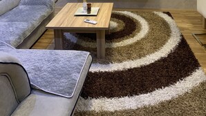 Un salon moderne avec un canapé, une table basse, un téléviseur et un tapis à motifs.