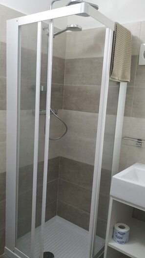 Shower, hair dryer, bidet, towels
