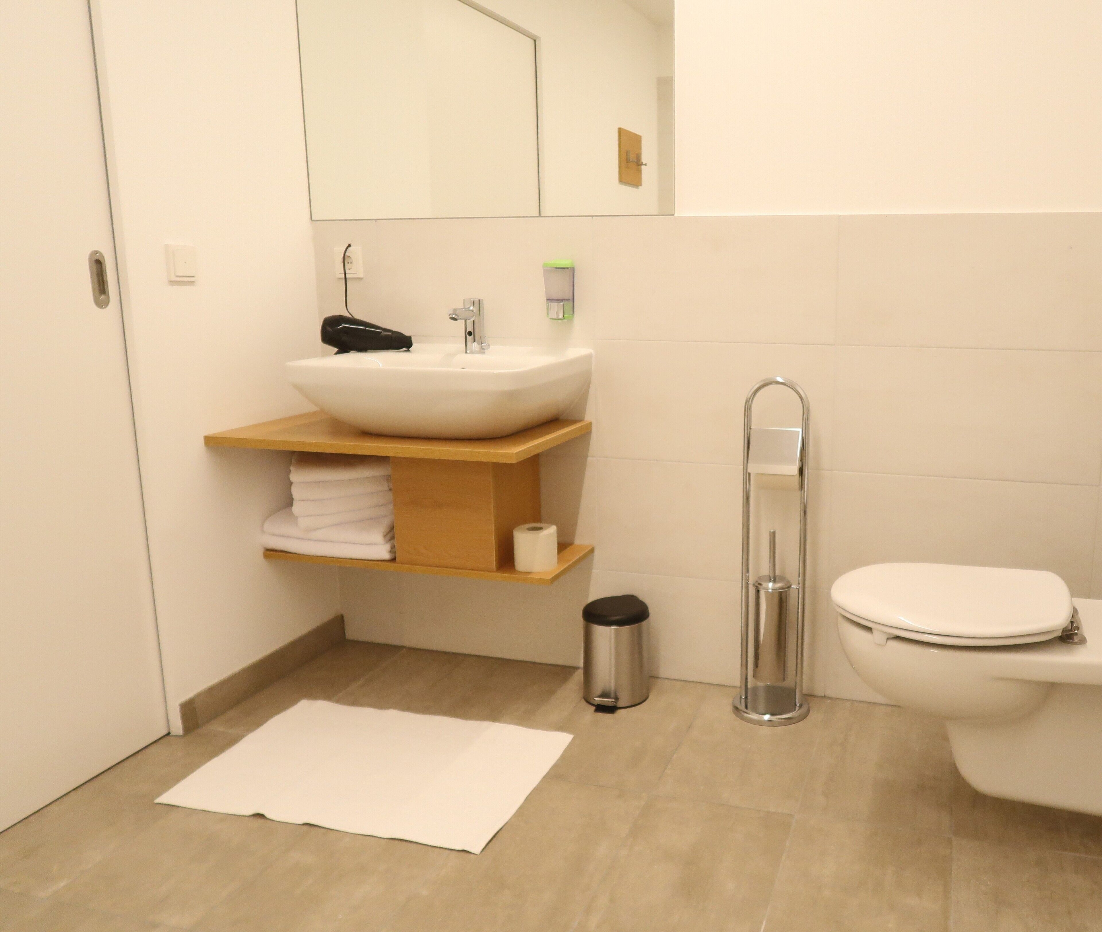 Een moderne badkamer met een wit wastafelmeubel, een spiegel erboven, een toilet en een prullenbak.