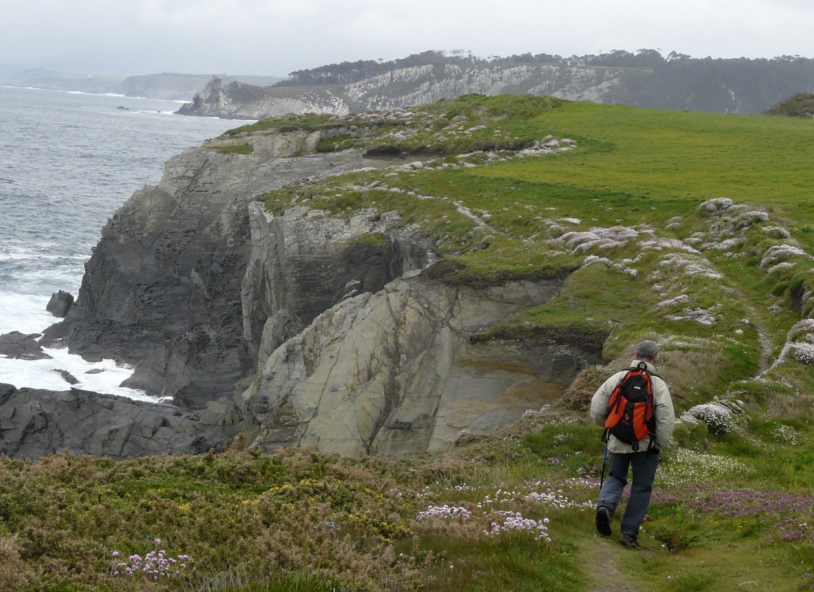 A hiker on a coastal trail with rocky cliffs and grassy areas.