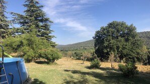 A grassy outdoor area with trees and a blue water tank. - Quiet wine-growing estate in the heart of nature, ideal for family vacations (Brignoles)