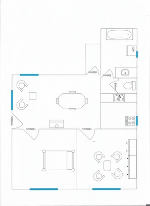 Ein Grundriss mit einer Küche, einem Essbereich und einem Badezimmer.