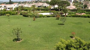 Zona residencial con césped cuidado, varios árboles y una vista distante de una obra en construcción.