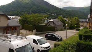 A residential area with a white van and a black car parked in a driveway, surrounded by houses and lush greenery, with a mountain in the background.