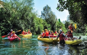 A group of people kayaking on a river surrounded by dense greenery.