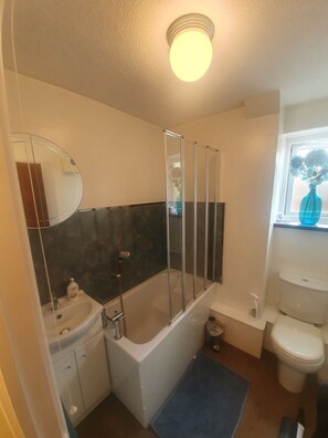 Une salle de bain avec une baignoire, des toilettes, un lavabo et un miroir.