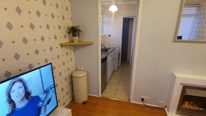 A living room with a television, a fireplace, a hallway leading to a kitchen, and a potted plant on a shelf.
