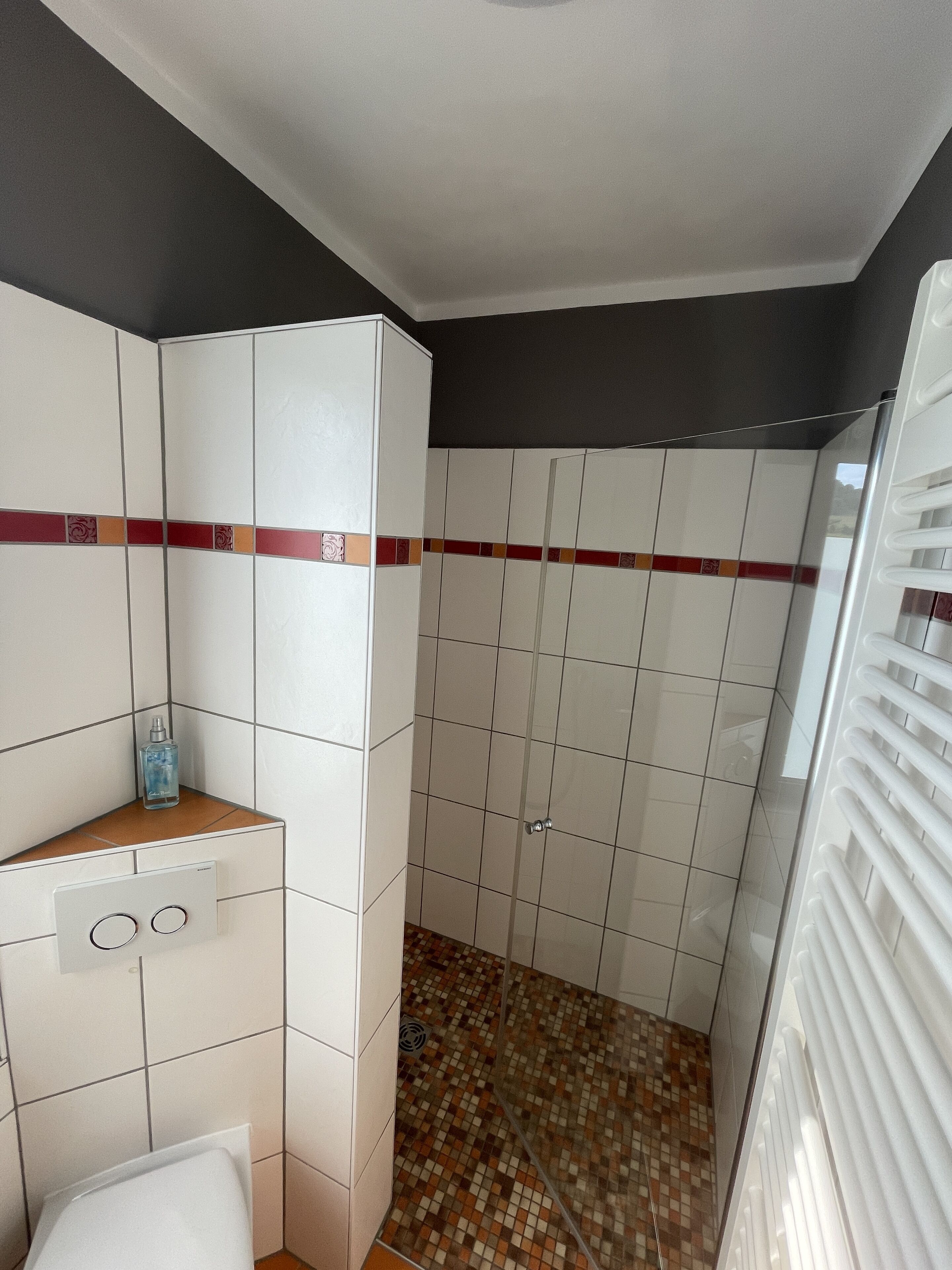 A bathroom with white tiled walls, a shower area, and a toilet.
