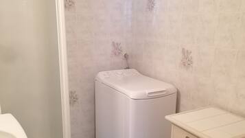 Een badkamer met een witte wasmachine, een toilet en een klein wandkastje.
