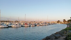 Un puerto deportivo con numerosos barcos amarrados a lo largo de una costa curvada.