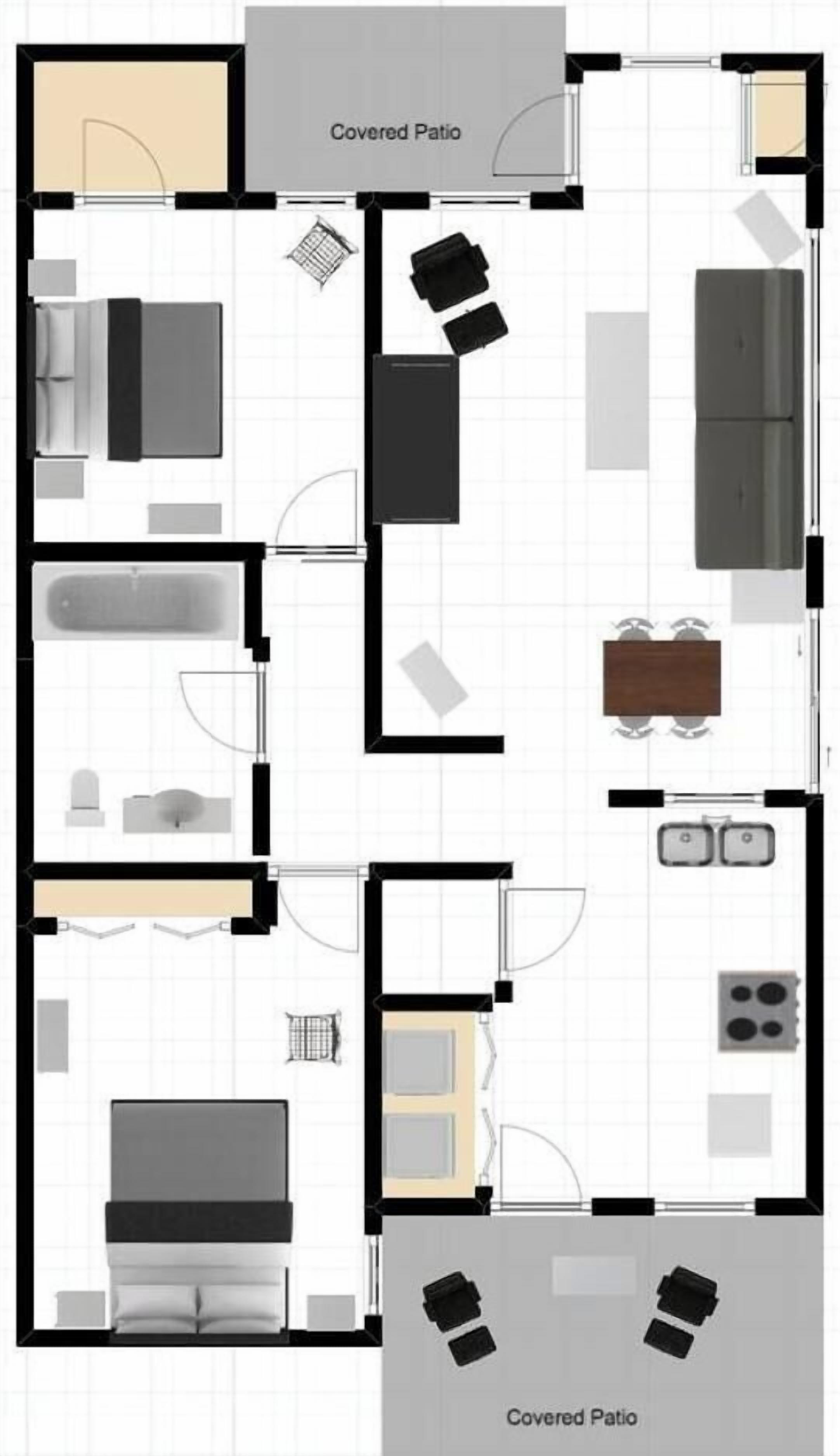 Een plattegrond van een hotelkamer met een overdekt terras, een slaapkamer, een badkamer en een kitchenette.
